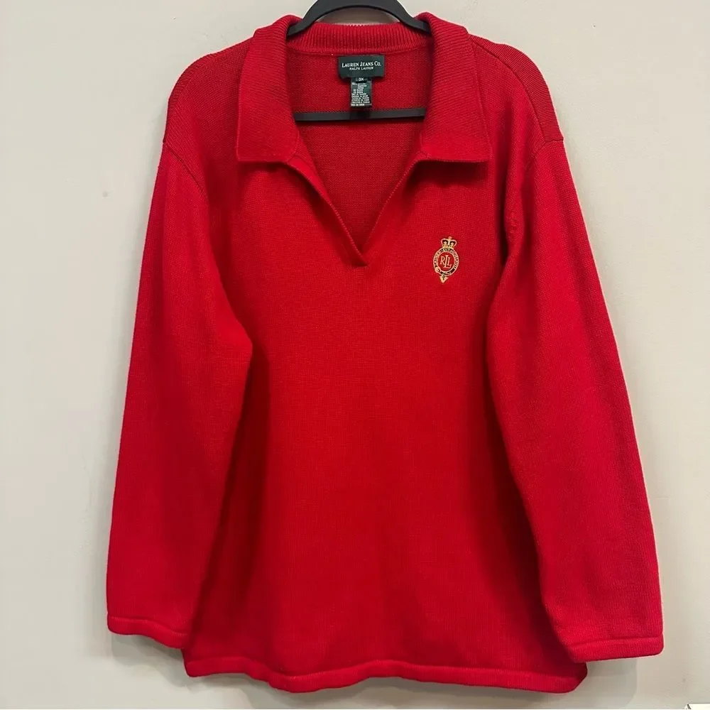 LAUREN RALPH LAUREN Sweater Women Size 3X Knit Collar V Neck Long Sleeve Crest
